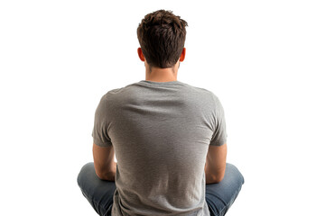 Man sitting cross legged from the back in gray shirt Isolated on transparent background, PNG