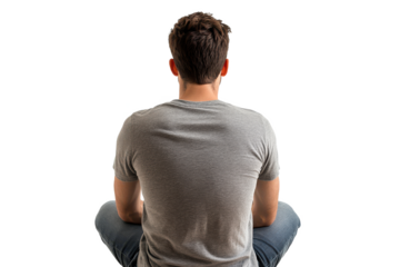 Man sitting cross legged from the back in gray shirt Isolated on transparent background, PNG