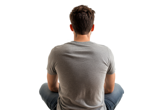 Man sitting cross legged from the back in gray shirt Isolated on transparent background, PNG