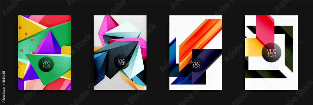 Poster four abstract vector designs. bright colors, geometric shapes dominate compositions. modern style, d