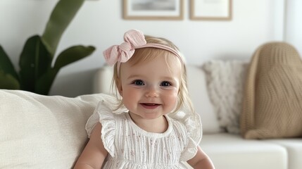 Fototapeta premium Happy baby girl with pink bow headband sitting on a couch.