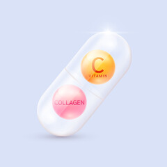Pink collagen and Orange ascorbic acid vitamin C in translucent capsule. Vitamins complex minerals cosmetic ads beauty. Medical scientific concepts. 3D Vector.