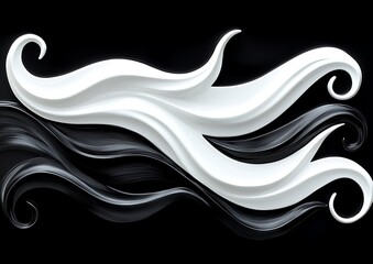Abstract composition featuring flowing white and black wavy shapes