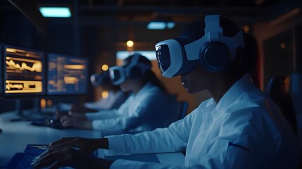 Engineers Analyzing Data Using Virtual Reality Headsets in a Lab