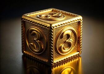 Golden Cube 3D Relief Number 3 & Letter D - Macro Black Background Stock Photo