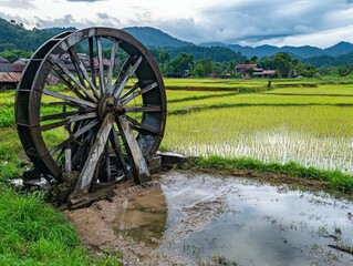 Fototapeta premium A farmer walking along the edge of a rice field, checking the water level and soil condition
