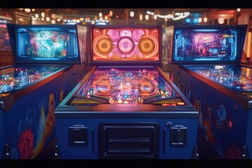 Futuristic pinball machines glowing in an arcade