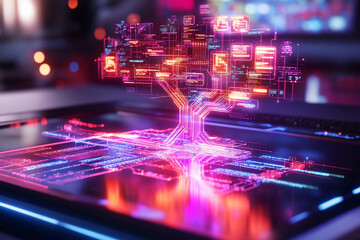 Futuristic organizational chart infographic with translucent neon-lit boxes interconnected by holographic digital lines, minimalist sleek visualization in a tech-inspired environment