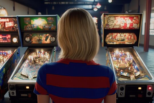 Blonde woman engaging with retro pinball machines