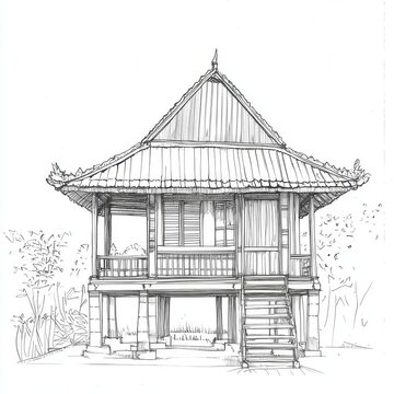 Single one line drawing bolon house Sumatera in Indonesia. Traditional house concept. Continuous line draw design graphic vector illustration.