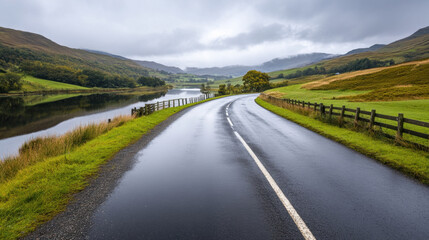 Naklejka premium winding rural road alongside tranquil lake, surrounded by lush green hills under overcast skies, evokes serene atmosphere