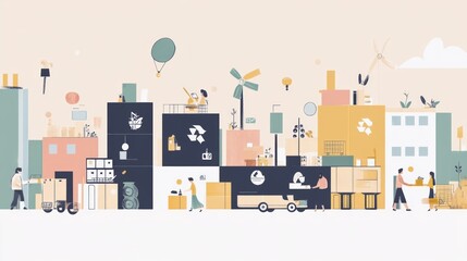Sustainable city with eco-friendly recycling and delivery services.