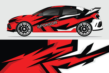 A dynamic red and black sports car with striking graphics parked against a minimalist gray background