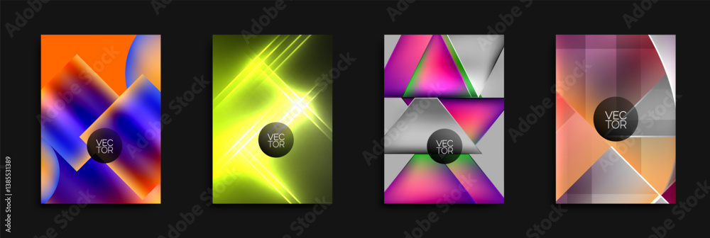 Aufkleber Four vibrant abstract backgrounds. Geometric shapes overlap, creating dynamic color gradients. Designs feature bright hues, modern aesthetic, vector illustration style.