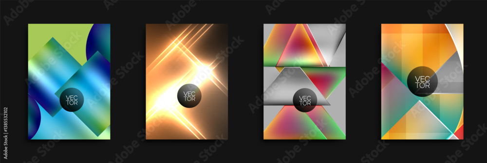 Poster four abstract vector backgrounds. each features vibrant gradients, geometric shapes, dynamic lines, 