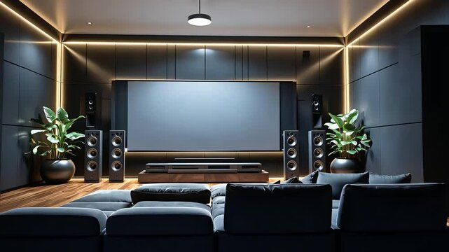 Modern luxury home theater interior with large projection screen, surround sound speakers, dark walls, cozy seating, and ambient lighting

