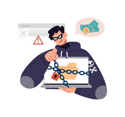 Illustration of ransomware attack. Extortionist hacker steals information and demands payments for their crime. Flat vector design isolated on white background