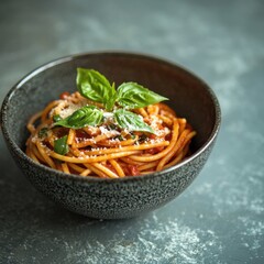 A bowl of spaghetti with tomato sauce and basil leaves. Featuring a classic Italian dish