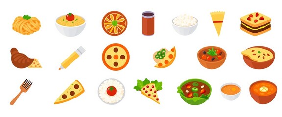 A comprehensive set of vector solid icons depicting various meals, including breakfast, lunch, and dinner options like pasta, rice, pizza, salad, and soup, breakfast icons,  vegetarian icons