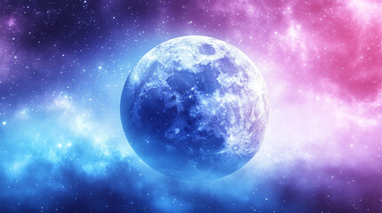 Fototapeta premium Vivid moon illuminated by colorful cosmic clouds and surrounded by a glowing starry sky