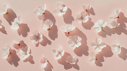 Cherry blossom petals scattered on a pale pink background
