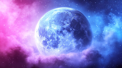 Fototapeta premium Vivid moon illuminated by colorful cosmic clouds and surrounded by a glowing starry sky