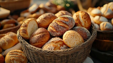 Freshly baked breads in wicker baskets