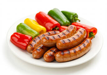 Grilled Sausages and Colorful Bell Peppers on a White Plate