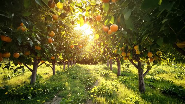 Golden Hour in a Lush Orange Orchard