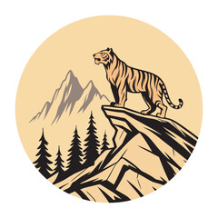Striped feline vector art depicts a wild tiger symbol in a circle, and a cartoon mammal in a wood