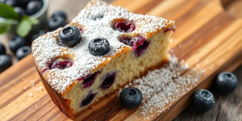 A delectable blueberry cake slice, dusted with powdered sugar, rests on a rustic wooden board ,  delicious food,  baking