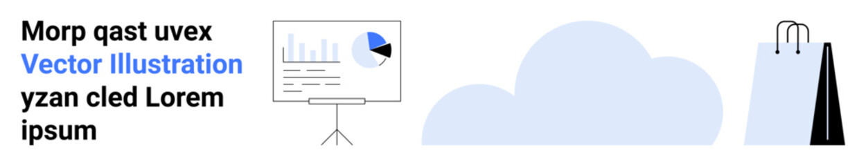 Analytics chart on presentation board, blue cloud, and shopping bag. Ideal for business, data, storage, retail, commerce, marketing and simple landing page