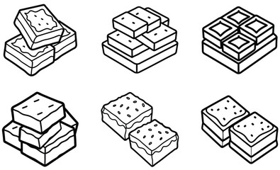 Line art drawing of various stack arrangements of square cakes, desserts, or treats