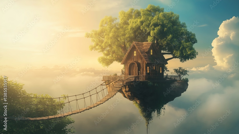 Aufkleber a magical treehouse floating in the sky with rope bridge