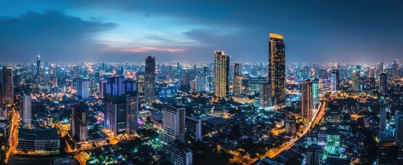 Fototapeta premium Nighttime Aerial View of a Densely Populated City with Illuminated Skyscrapers