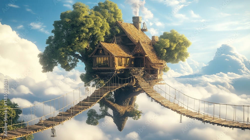 Poster A magical treehouse floating in the sky with rope bridge