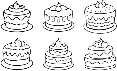 Collection of Six Different Cakes Outlines with Toppings and Frosting Details
