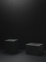 Dark studio backdrop with two black product display cubes