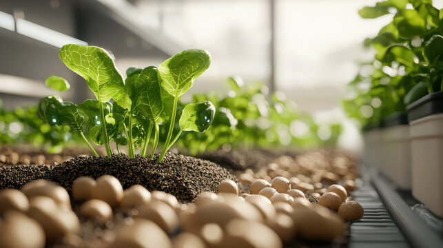Surreal Restore the Balance Concept, Fresh green plants growing in hybrid garden with natural soil and sensors