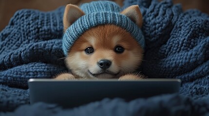 Adorable Shiba Inu Puppy in a Cozy Knit Beanie Using a Tablet