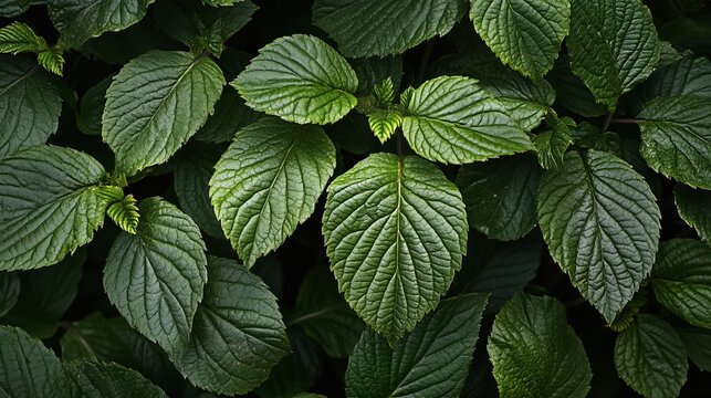Close up of perilla frutescens leaves background texture natural green plant foliage pattern detail nature