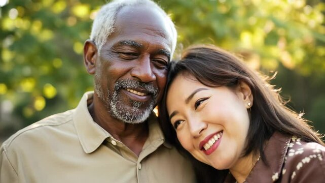 Joyful senior interracial couple smiling and leaning close together outdoors, enjoying a tender and affectionate moment in nature