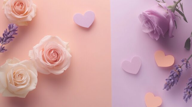 Soft hues of romance a minimalist background featuring roses hearts and lavender accents