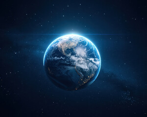 stunning view of Earth floating in vastness of space, illuminated by distant stars and cosmic light, evokes sense of wonder and beauty