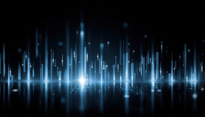 blue glowing chart with rising candlesticks creates dynamic visual effect, representing growth and progress in digital landscape