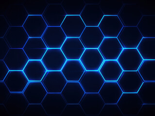Fototapeta premium Bright blue neon geometric panel of repeating hexagons creates modern and dynamic visual effect, perfect for technology themes