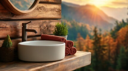 Fototapeta premium A luxurious modern chic bathroom vanity with a round white washbasin sits on rustic wooden countertop overlooking a breathtaking autumn mountain sunset view.