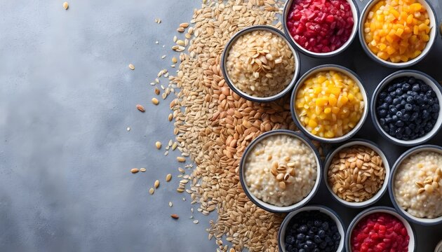 A vibrant array of different cereals showcasing a colorful and diverse selection for enjoyment at breakfast time