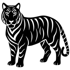 Bold Black Silhouette Tiger with Tribal Stripes Vector Art