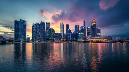 Fototapeta premium City Skyline at Dusk with Reflections on Water